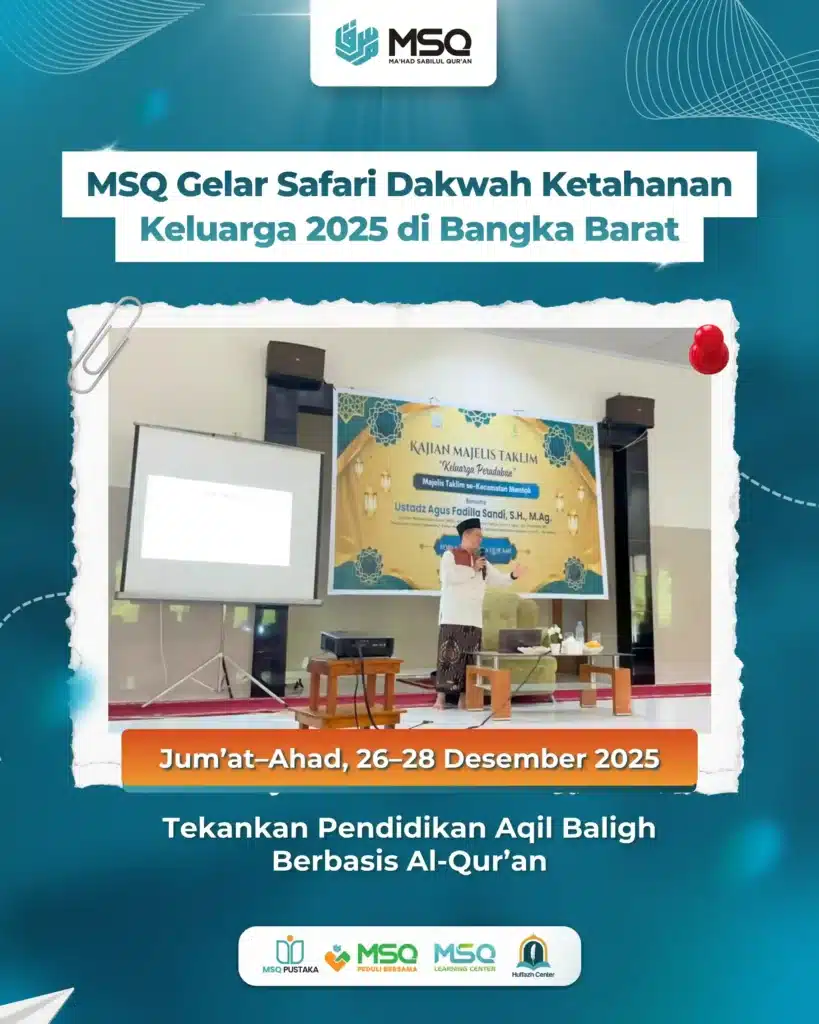 Foto: Ustadz Agus Fadilla Sandi menyampaikan materi Kajian Keluarga Peradaban tentang peran orang tua dalam menyiapkan generasi aqil baligh di Masjid Yayasan Tahfidz Sabilar Rosyad, Mentok, Bangka Barat, Jumat (26/12/2025).