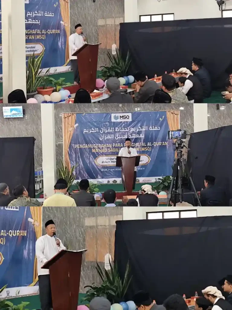 Menurutnya, pengembangan pendidikan di MSQ berfokus pada dua pilar utama. Pertama, pendidikan tahfizh Al-Qur'an berbasis manajemen mutu yang terukur dan berkelanjutan. Kedua, pendidikan karakter aqil baligh yang bertujuan membentuk pribadi muslim yang matang secara akhlak, tanggung jawab, dan kepemimpinan. Ia juga menyampaikan apresiasi kepada para pembina dan pengurus yayasan, PT Nifa Persada Teknindo, serta seluruh mitra strategis yang telah membersamai perjalanan dakwah dan pendidikan MSQ selama ini. "Keberhasilan para santri hari ini merupakan hasil kolaborasi banyak pihak, mulai dari orang tua, para asatidzah, pengurus yayasan, hingga para mitra yang terus memberikan dukungan bagi pengembangan pendidikan Al-Qur'an," ujarnya. Al-Qur'an Harus Menjadi Asas Peradaban Puncak sesi ilmiah diisi oleh Ketua Umum Dewan Dakwah Islamiyah Indonesia (DDII), Ustadz H. Adian Husaini, M.Si., Ph.D., melalui orasi ilmiah bertajuk "Peran Al-Qur'an dalam Membangun Peradaban." 